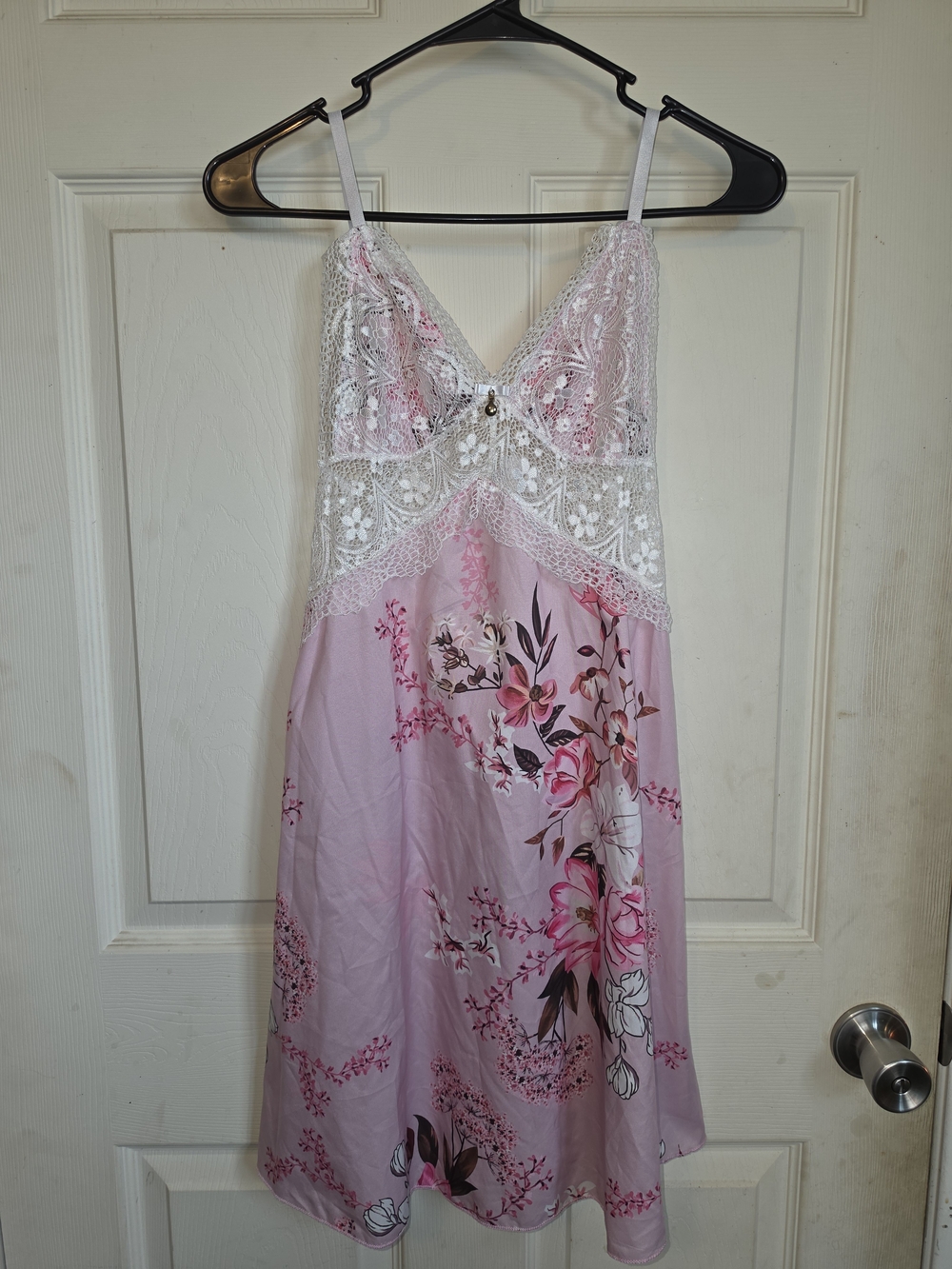 Pink Floral Lace-Trim Sleep Chemise with Adjustable Straps